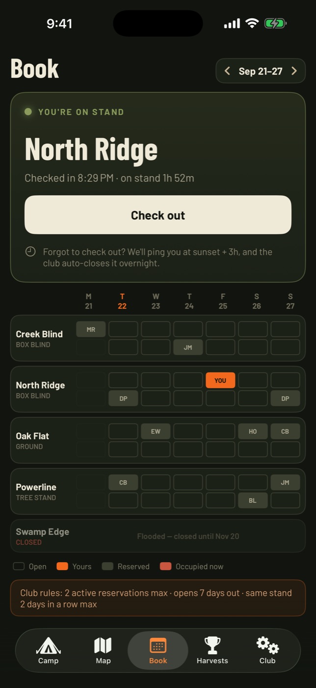 The Book screen: a weekly reservation grid for Creek Blind, North Ridge, Oak Flat and Powerline stands