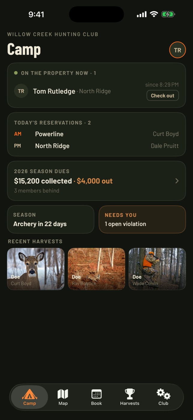 The Camp screen: on the property now, today's reservations, season dues and recent harvests