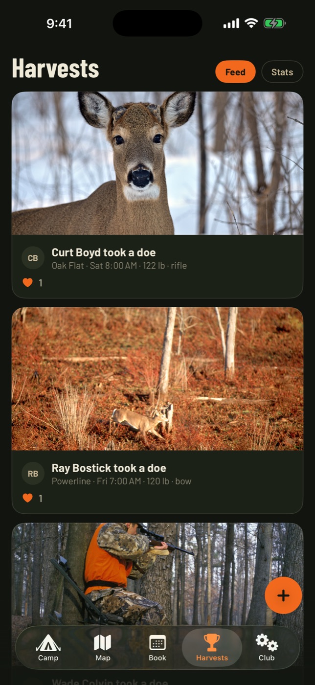 The Harvests feed with deer photos and entries such as Curt Boyd took a doe