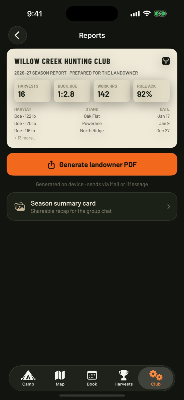 The Reports screen with the Willow Creek Hunting Club season report and a Generate landowner PDF button