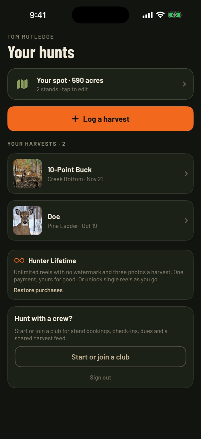 The solo Your hunts screen with a property, a log a harvest button and two logged harvests